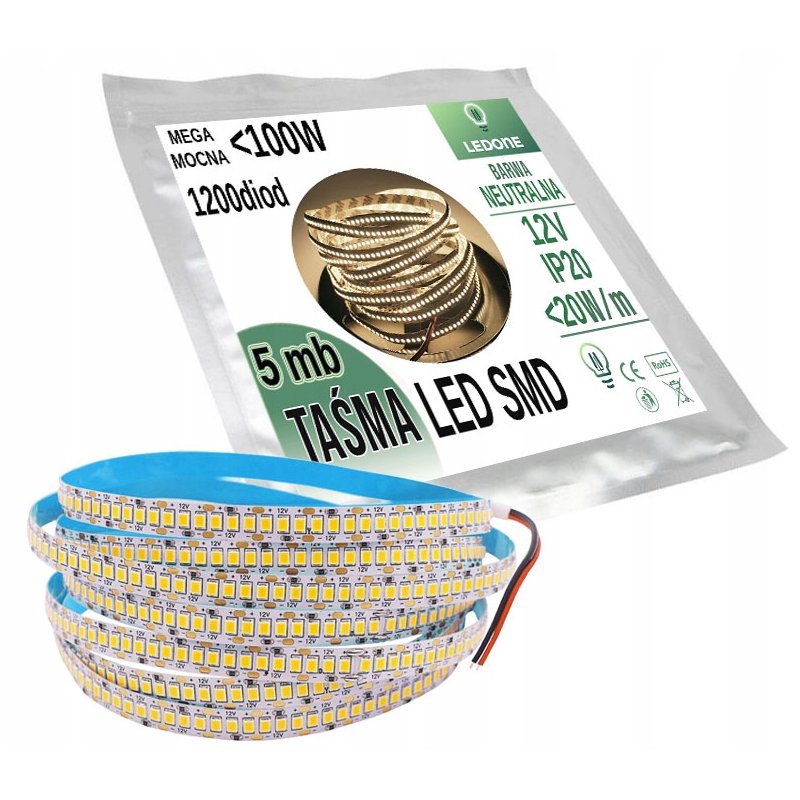 MEGA MOCNA 12V Taśma 1200 20W/m LED PREMIUM 2835 IP20 5m NEUTRALNA