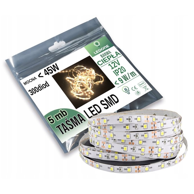 Taśma LED PREMIUM 9W/m 2835 300 IP20 5m CIEPŁA