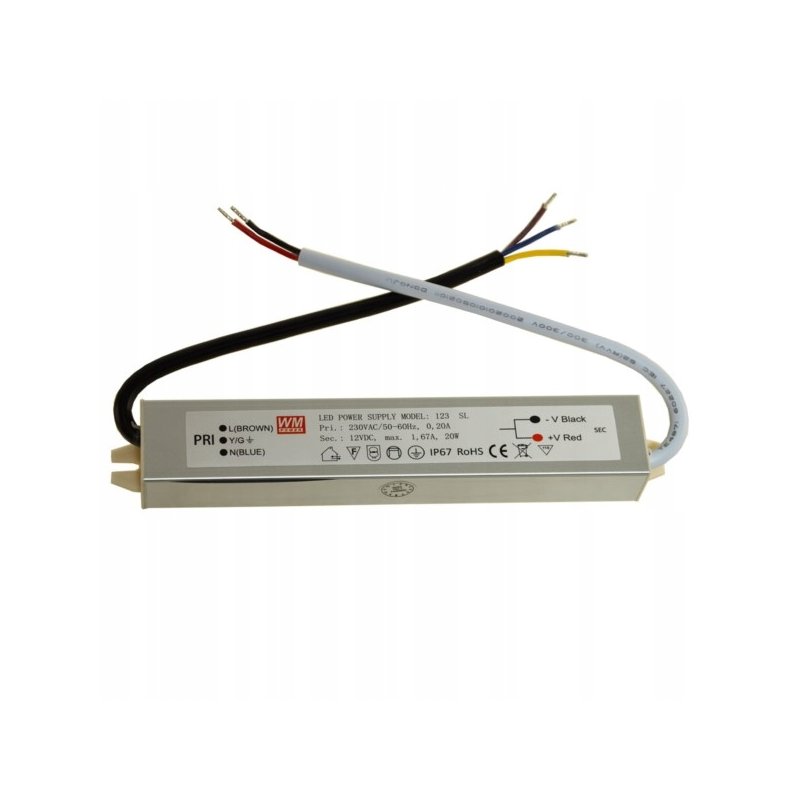 Zasilacz 12V 20W 1,6A wodoodporny do taśm LED IP67 hermetyczny metal