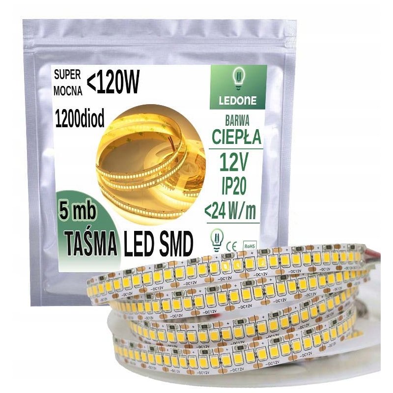 SUPER MOCNA 12V Taśma 1200 24W/m LED PREMIUM 2835 IP20 5m CIEPŁA