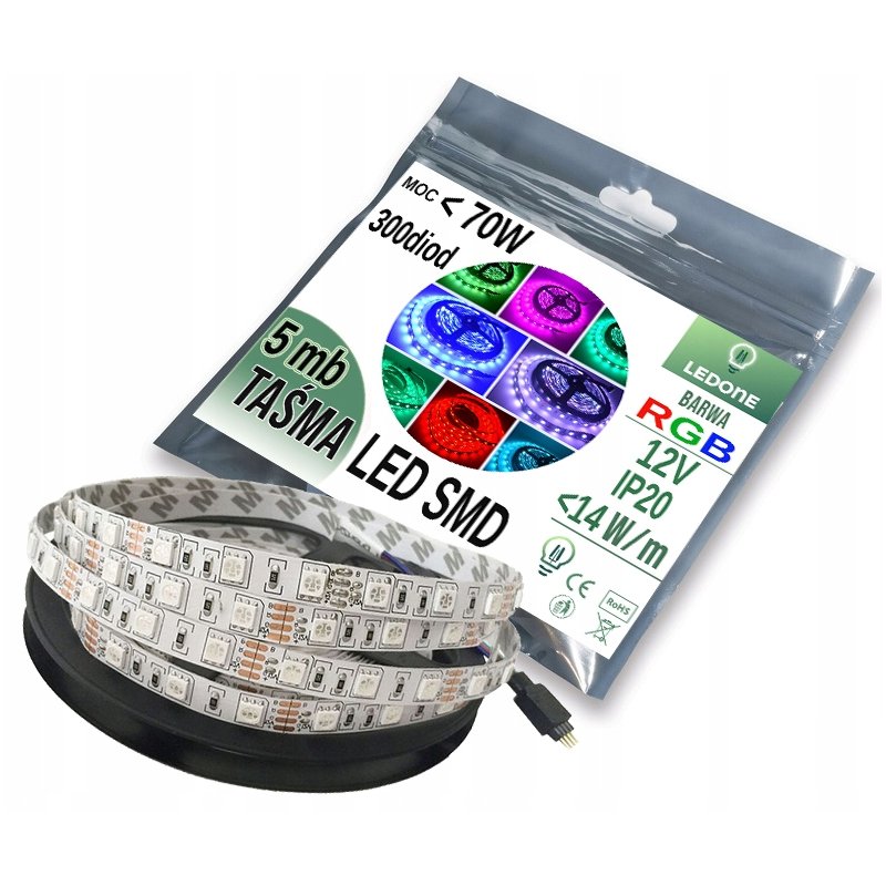 TAŚMA LISTWA 5m LED RGB 300diod SMD 5050 IP20 14,4W/m