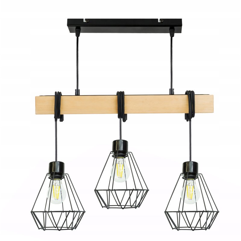 LAMPA drewniana belka wisząca sufitowa ŻYRANDOL ZWIS LOFT CZARNY DRUT 3xE27