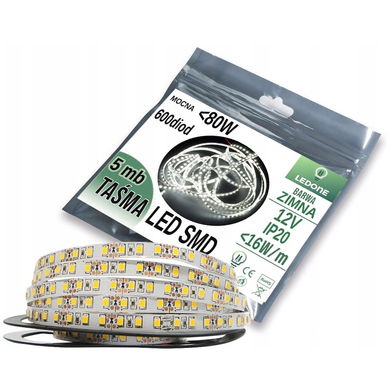 MOCNA 12V 16W/m Taśma LED PREMIUM 2835 600 IP20 5m