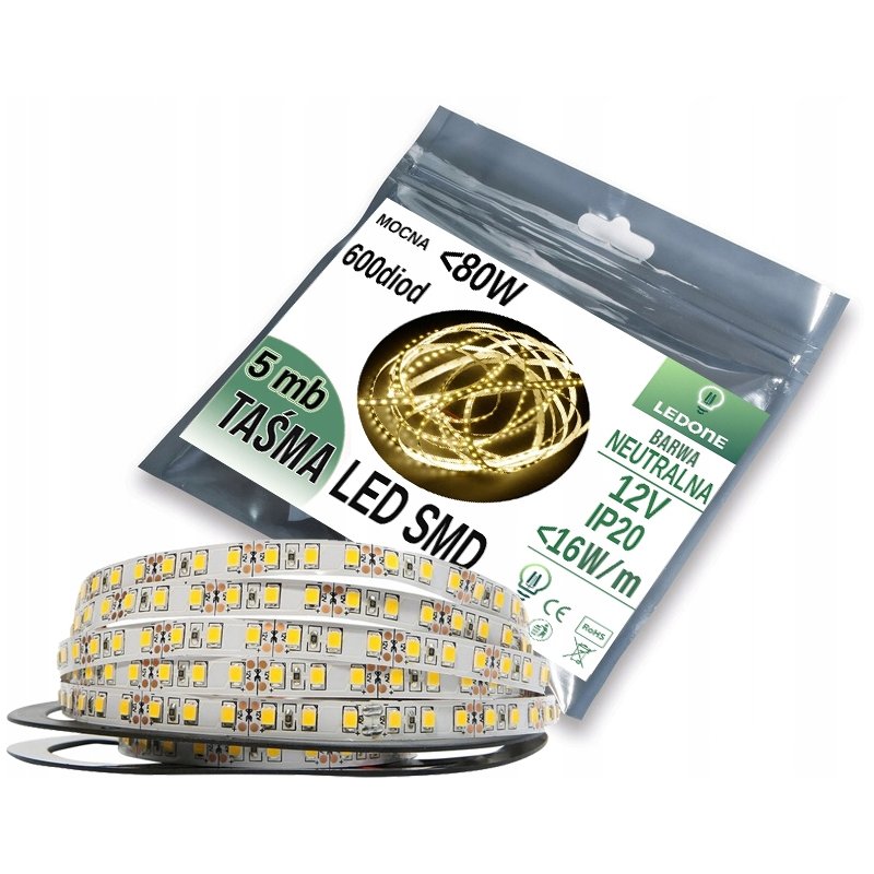 MOCNA 12V 16W/m Taśma LED PREMIUM 2835 600 IP20 5m