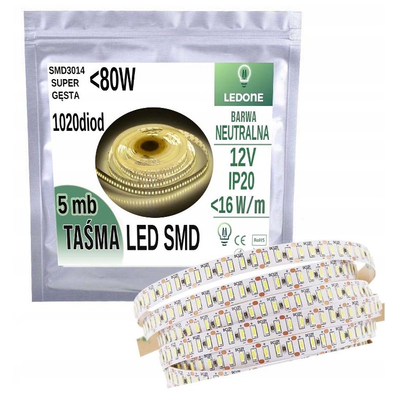 SUPER GĘSTA Taśma LED PREMIUM smd 3014 IP20 1020d barwa NEUTRALNA rolka 5mb