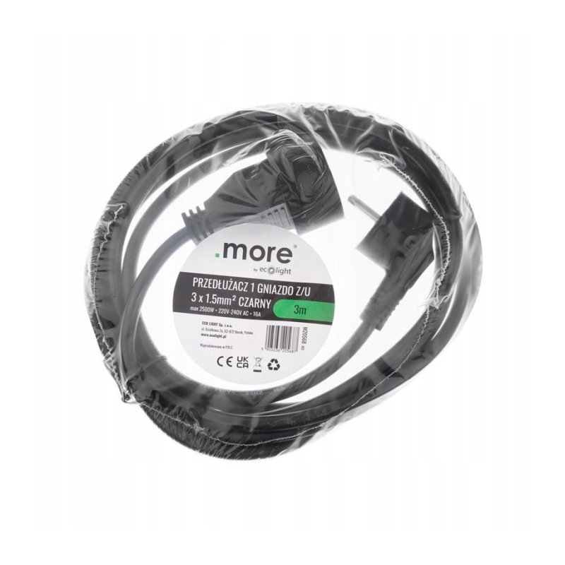 Przedłużacz sieciowy pojedynczy gniazdo-wtyk Uz 3x1,5mm 3m 2000W czarny
