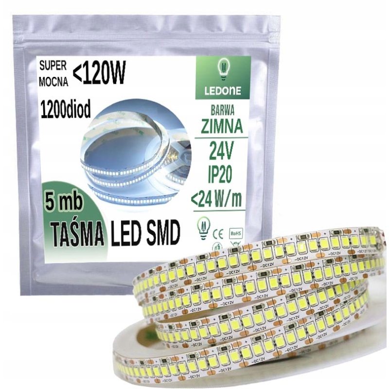 SUPER MOCNA Taśma LED HQ 24V 2835 IP20 1200d 5m CW