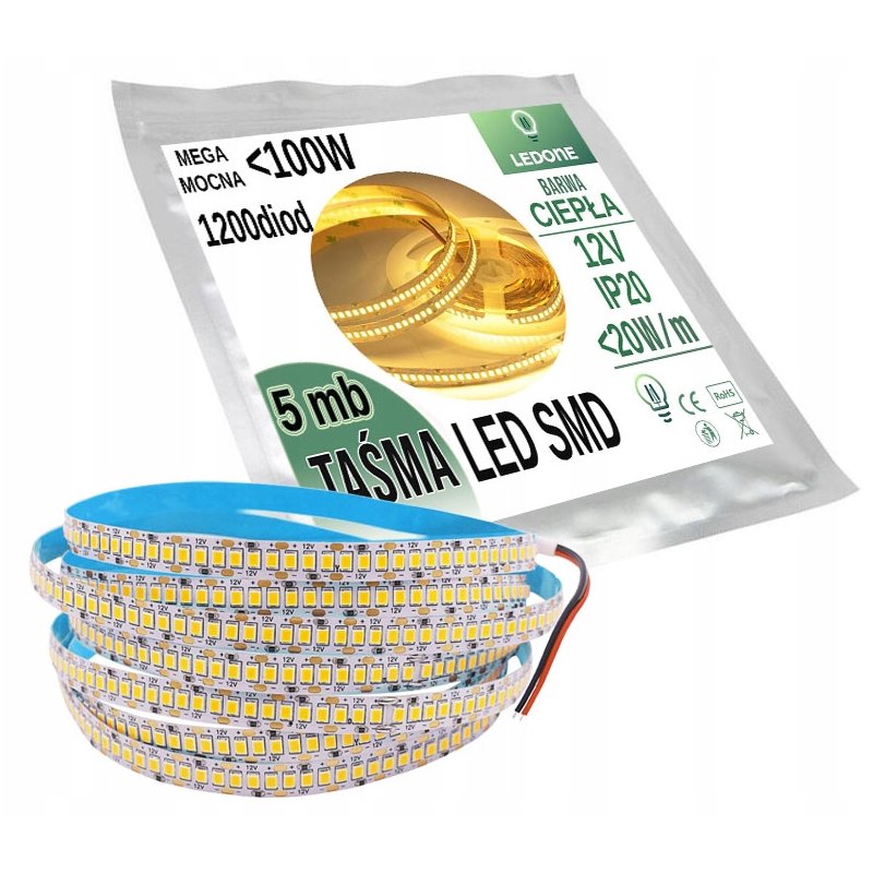 MEGA MOCNA 12V Taśma 1200 LED PREMIUM 2835 IP20 5m