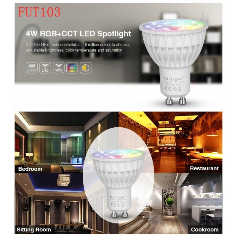 Żarówka LED MiLight FUT103 GU10 4W RGB+CCT smart strefowa Sterownaie RF