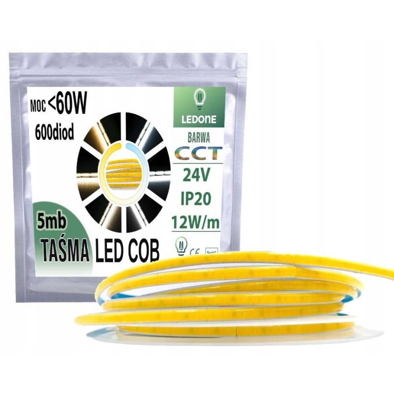 Taśma LED COB wąska 5mm 24V 600 diod/m 12W/mb linia neon mutiwhite CCT 5m