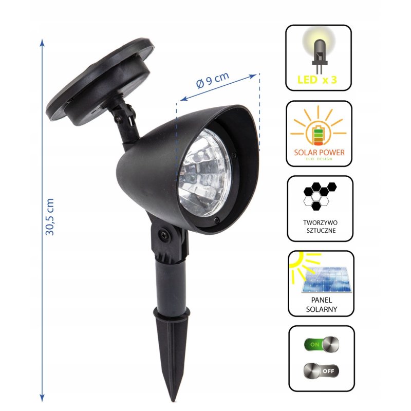 Reflektor ruchomy solarny OGRODOWA LAMPA SOLARNA WBIJANA LED barwa ZIMNA