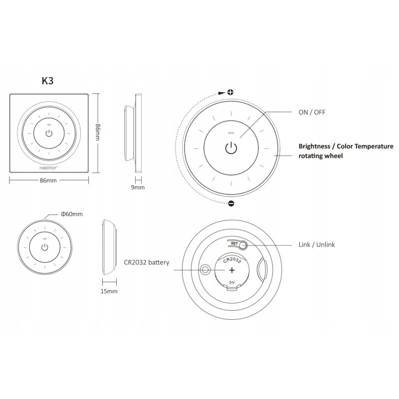 PILOT ścienny PANEL magnetyczny MiLight K3 biały taśm LED MONO CCT Dimmer