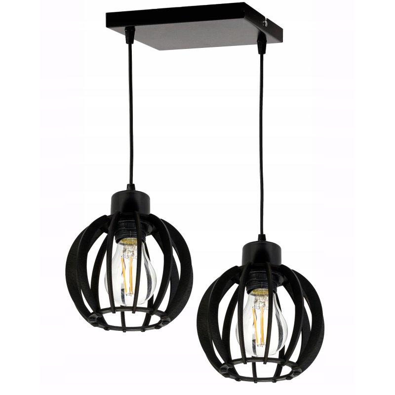 LAMPA ZWIS SUFITOWA WISZĄCA ŻYRANDOL CZARNY LOFT KLOSZ DREWNO CZARNE 2x E27