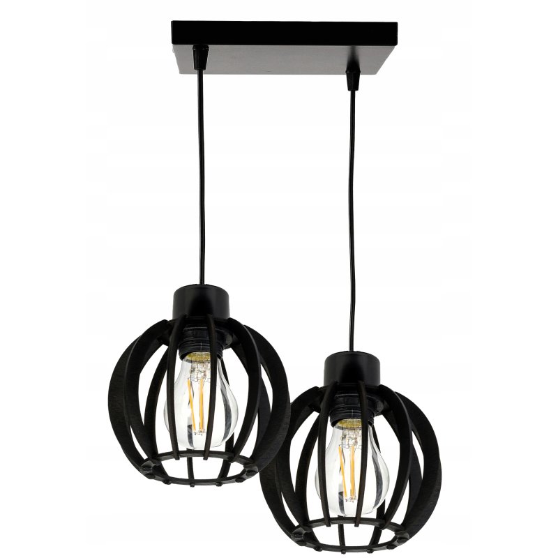 LAMPA ZWIS SUFITOWA WISZĄCA ŻYRANDOL CZARNY LOFT KLOSZ DREWNO CZARNE 2x E27