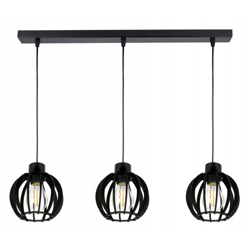 LAMPA ZWIS SUFITOWA WISZĄCA ŻYRANDOL CZARNY LOFT KLOSZ DREWNO CZARNE 3x E27