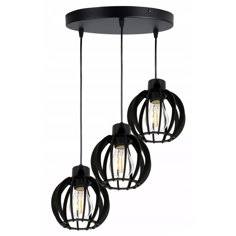LAMPA ZWIS SUFITOWA WISZĄCA ŻYRANDOL CZARNY LOFT KLOSZ DREWNO CZARNE 3x E27