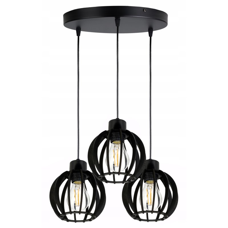 LAMPA ZWIS SUFITOWA WISZĄCA ŻYRANDOL CZARNY LOFT KLOSZ DREWNO CZARNE 3x E27