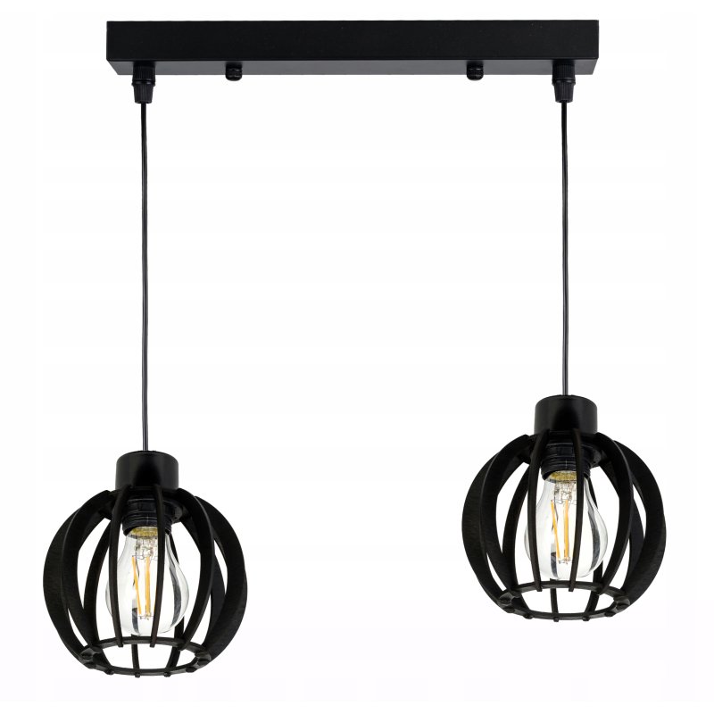 LAMPA ZWIS SUFITOWA WISZĄCA ŻYRANDOL CZARNY LOFT KLOSZ DREWNO CZARNE 2x E27