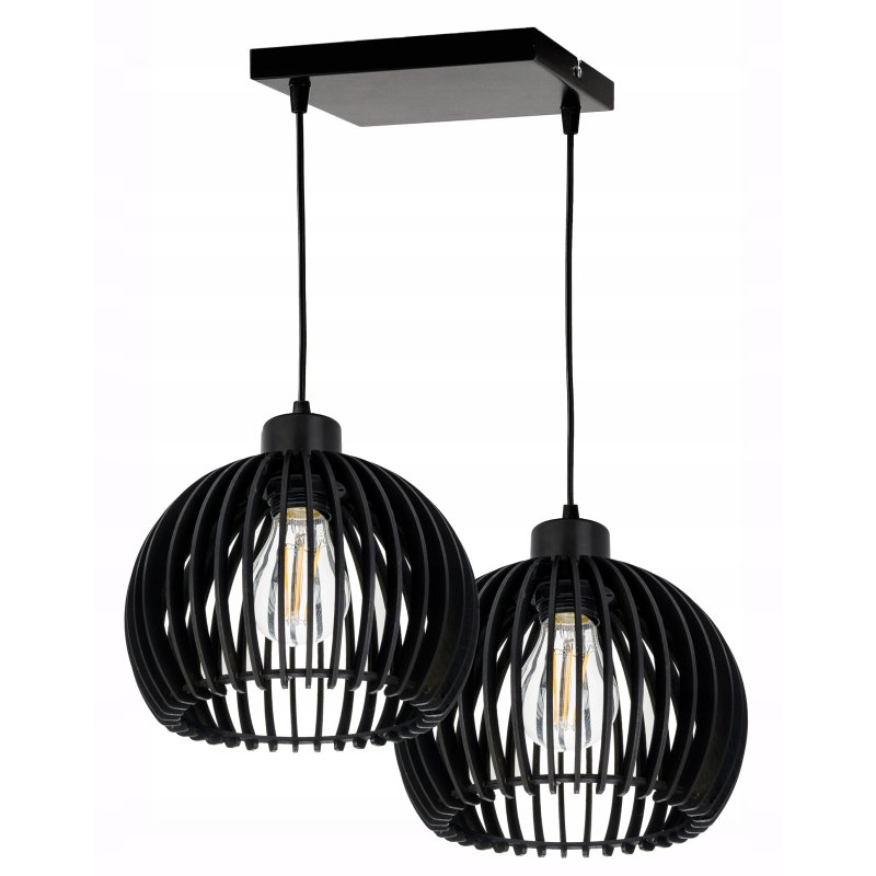 Lampa wisząca CZARNA żyrandol zwis sufit klosz drewno kula gęsta na 2x E27