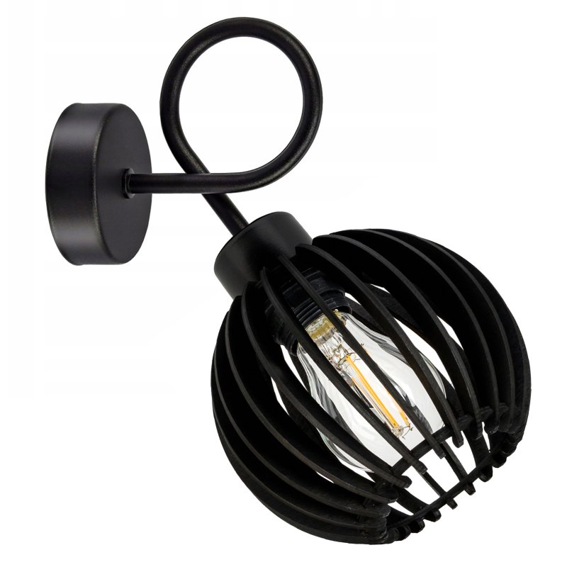 Lampa kinkiet E27 ścienny stały kręcony loft czarny kula drewno czarne