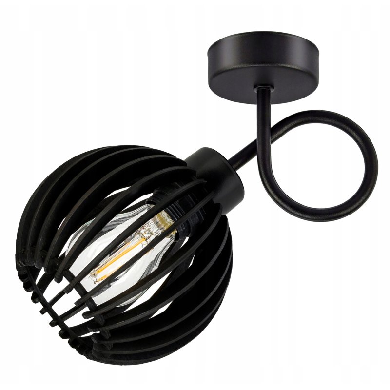 Lampa kinkiet E27 ścienny stały kręcony loft czarny kula drewno czarne
