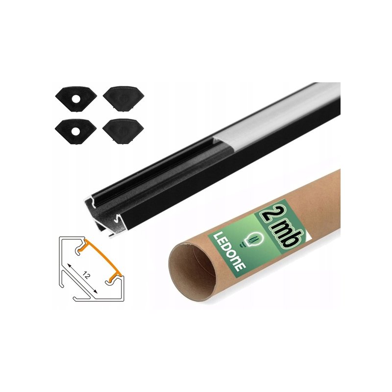 Zestaw 2mb Profil aluminiowy NAROŻNY CZARNY + KLOSZ mleczny do taśm led