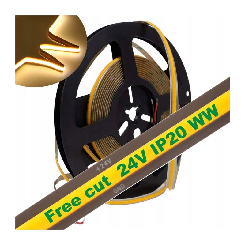 Taśma LED COB 24V 9W 8mm 480d/mb Neon CIEPŁY 1m FREE CUT cięta co 1mm