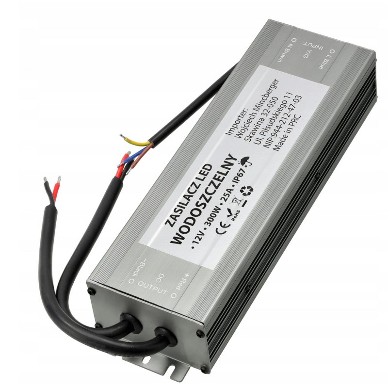 Zasilacz 24V 300W 12,5A wodoodporny taśm LED IP67 hermetyczny metal