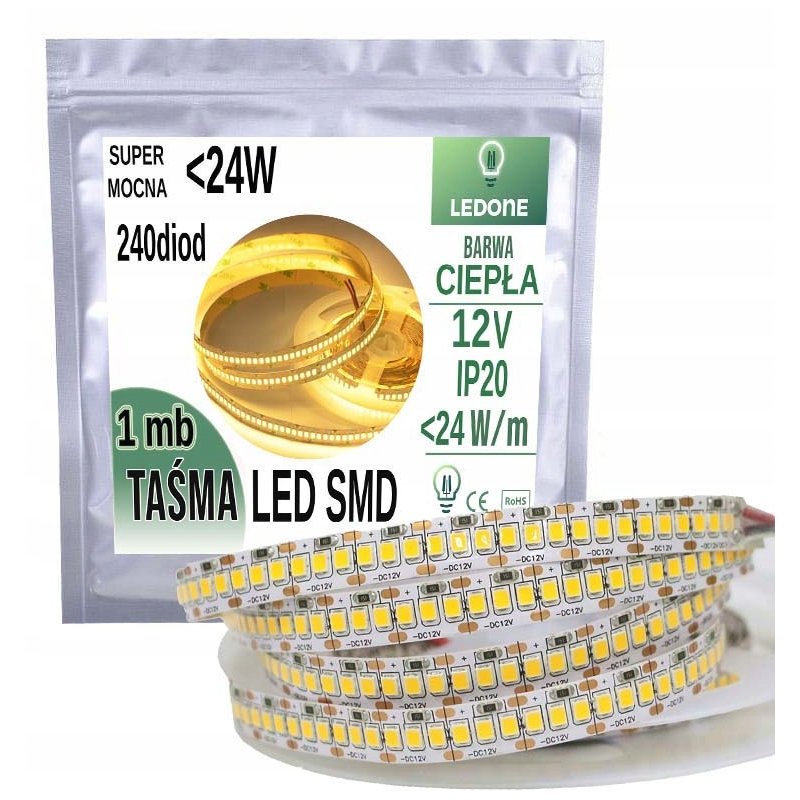 SUPER MOCNA Taśma LED PREMIUM 12V SMD2835 IP20 barwa biała CIEPŁA 240d 1mb