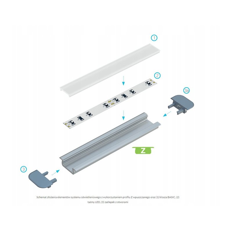 PROFIL ALUMINIOWY biały wpuszczany typ B do taśm LED 1m + KLOSZ
