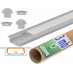 PROFIL aluminiowy WPUSZCZANY srebrny + KLOSZ mleczny zaślepki 3m do led
