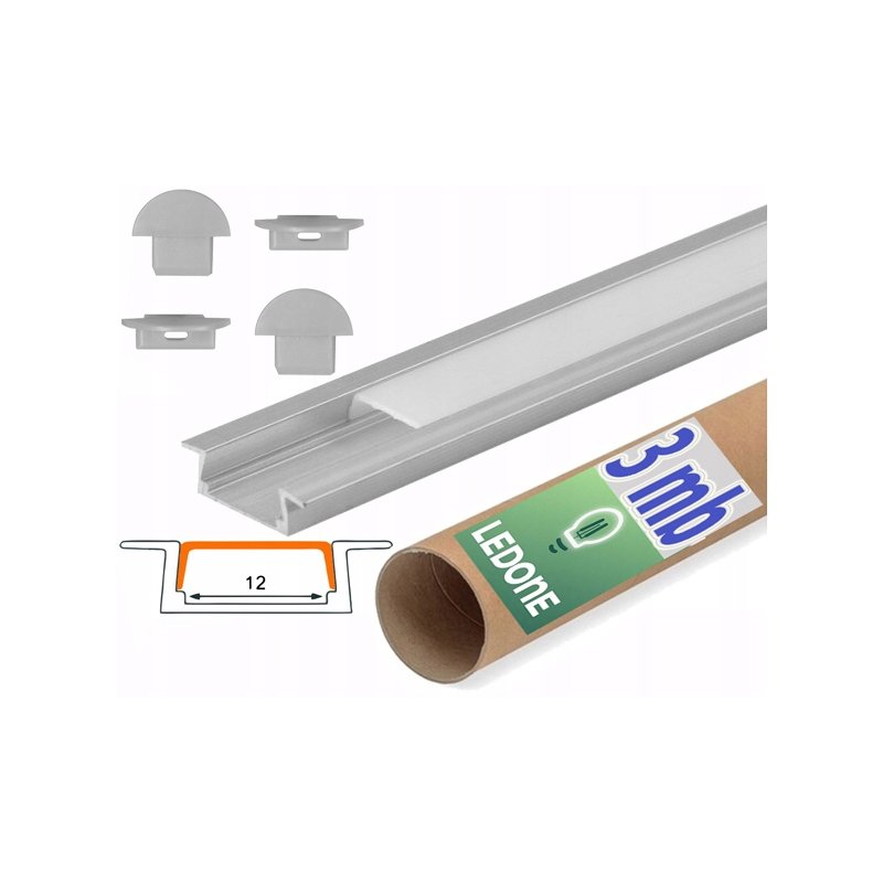 PROFIL aluminiowy WPUSZCZANY srebrny + KLOSZ mleczny zaślepki 3m do led