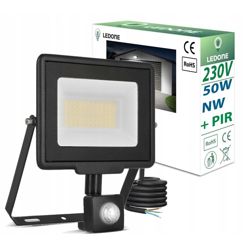 Naświetlacz halogen lampa LED 50W z czujnikiem ruchu PIR Barwa NEUTRALNA sl