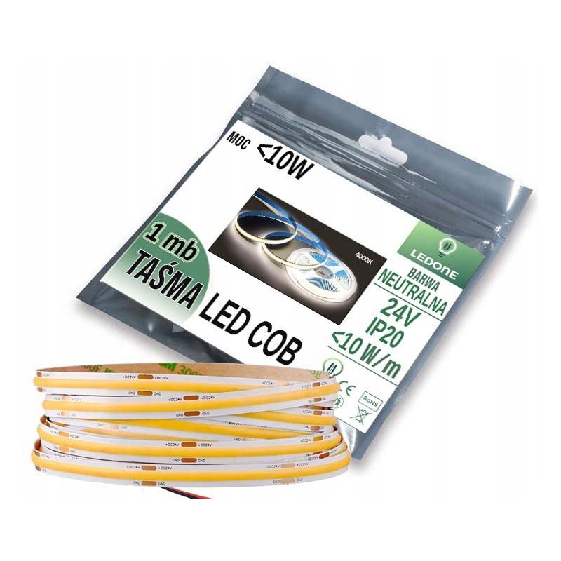 Taśma LED COB 24V 10W 480 diod na metr Neon Neutralny 1m cięta z rolki 50m