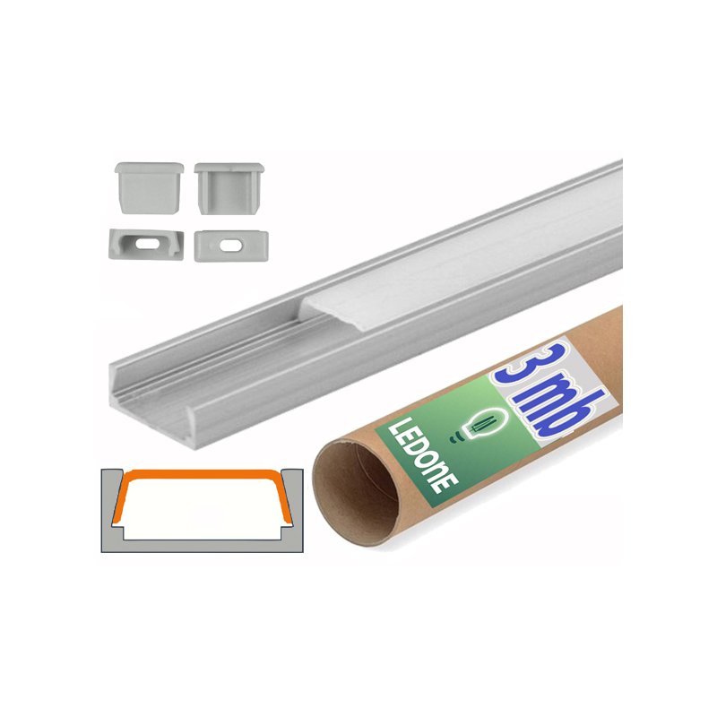 PROFIL aluminiowy NAWIERZCHNIOWY srebrny + KLOSZ mleczny zaślepki 3m do led