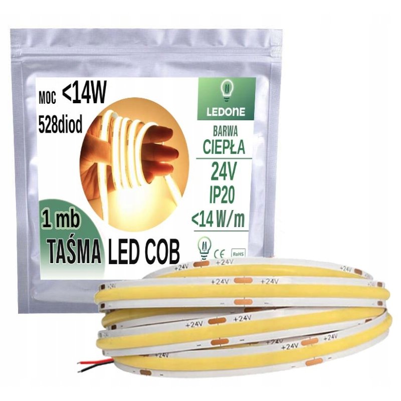 Taśma LED COB 24V 528 diod 14W na 1m linia CIEPŁA