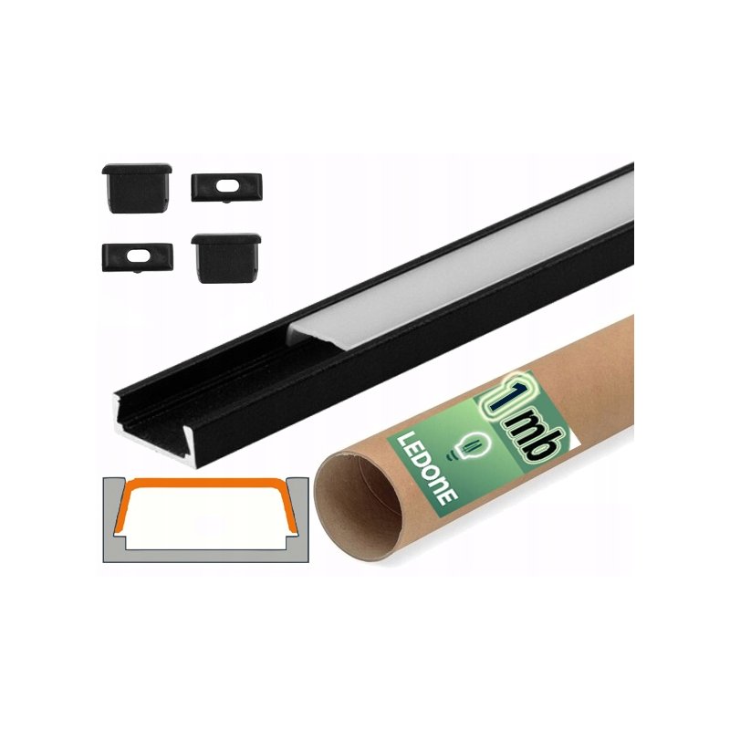 PROFIL aluminiowy NAWIERZCHNIOWY czarny + KLOSZ mleczny zaślepki 1m do led