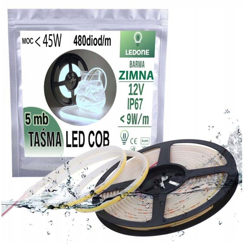 TAŚMA termococon LED COB 12V WODOODPORNA IP67 ZIMNY LINIA ŚWIATŁA ZIMNA 5M