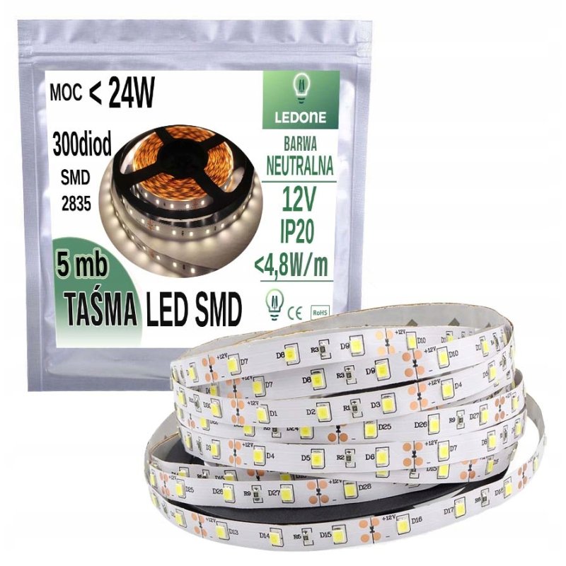 TAŚMA PASEK LED 2835 300 IP20 5m DZIENNA SAMOPRZYLEPNA 12V UNIWERSALNA CE