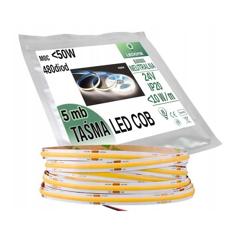 Taśma LED COB linia światła 24V 5m 480 diod na metr Biała Neutralna PRO