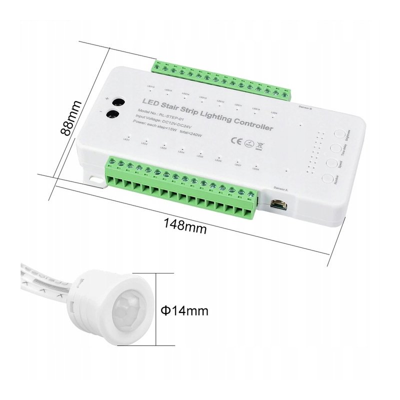 Sterownik schodowy 16 stopni 12-24V 240W + 2 PIR