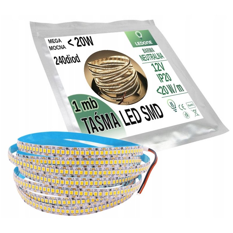MEGA mocna Taśma 240 diod/m LED 12V smd2835 IP20 barwa neutralna 1mb