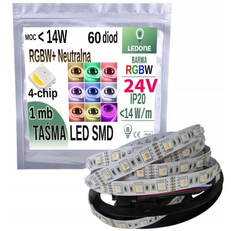 TAŚMA LED PREMIUM RGBW + NW neutralna 4-chip 4in1 SMD 5050 IP20 24V 1m