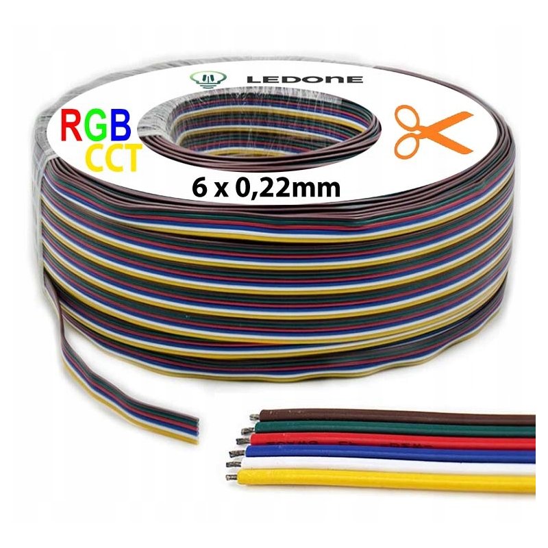 Kabel 1mb przewód 6-żyłowy kolorowy do taśm led RGBW +CCT 6x 0,22mm RGBCCT