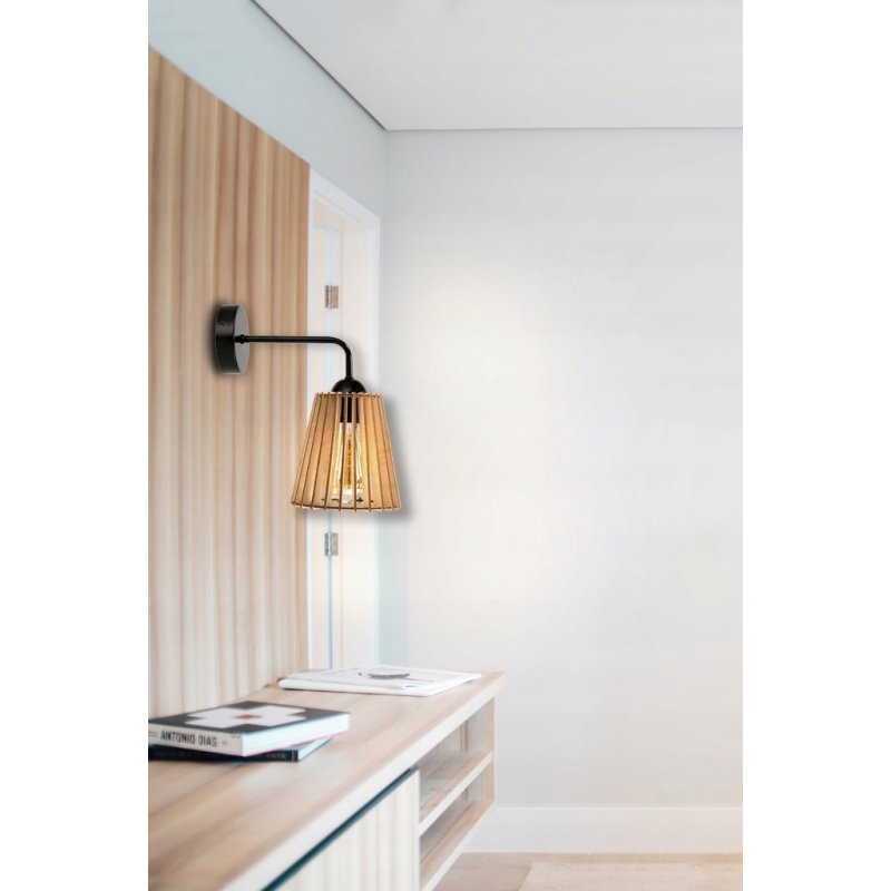 Lampa kinkiet ścienny stały prosty LOFT klosz PIRAMIDKA Drewno na 1x E27