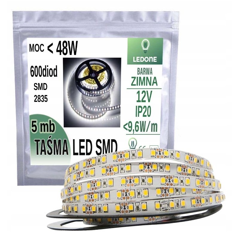 TAŚMA LED SMD 2835 600 5m ip20 BIAŁA ZIMNA