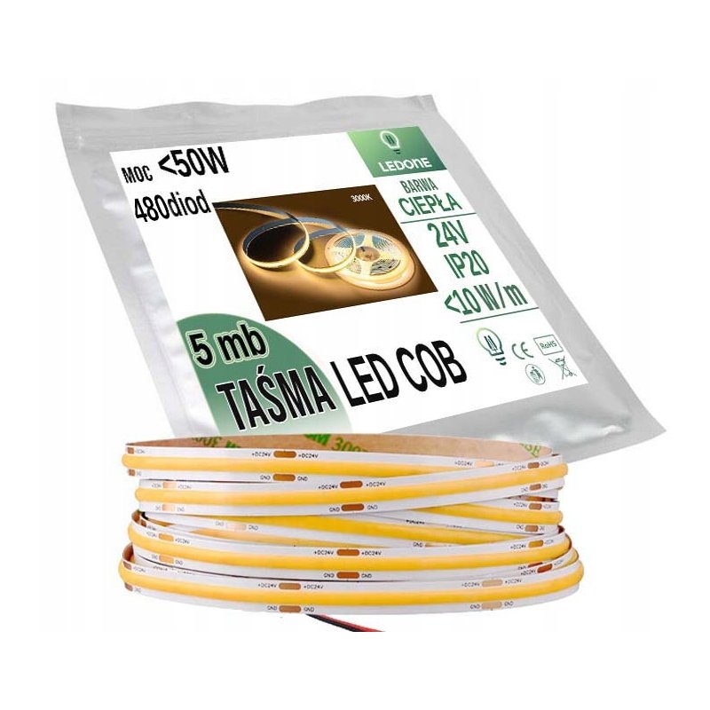 Taśma LED COB 24V 480 diod na metr Neon Ciepły 5m linia światła LED Pro