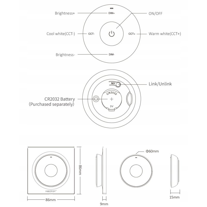 PILOT ścienny PANEL MiLight K2B taśm LED MONO CCT