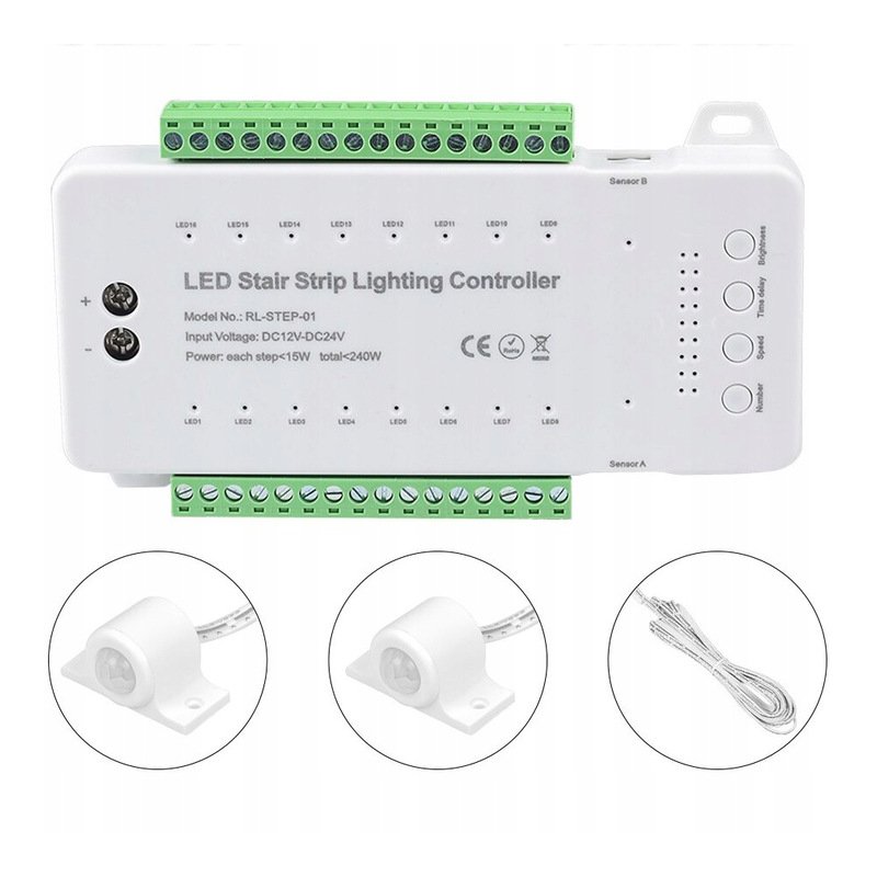 Sterownik schodowy 16 stopni 12-24V 240W + 2 PIR