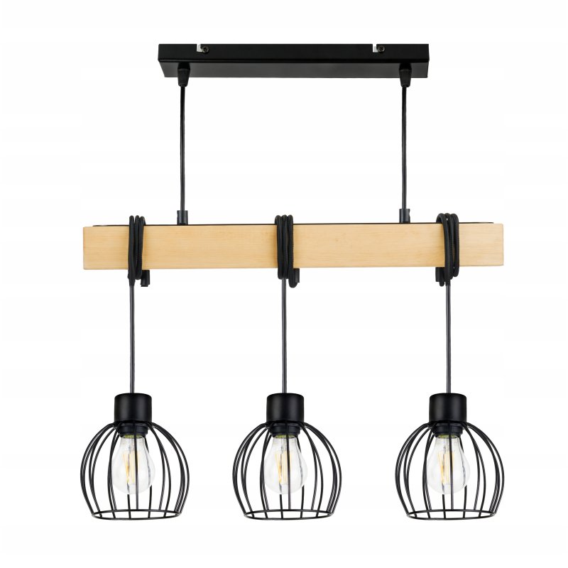 LAMPA drewniana belka wisząca sufitowa ŻYRANDOL ZWIS LOFT CZARNY DRUT 3xE27